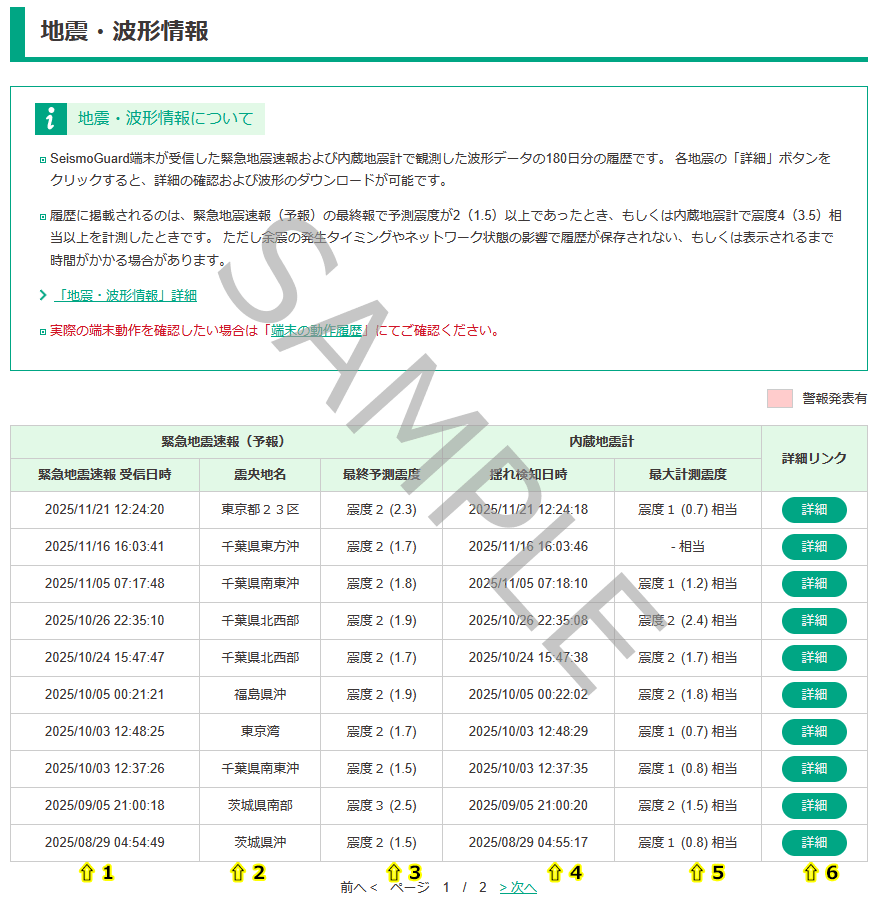 地震・波形情報一覧画面