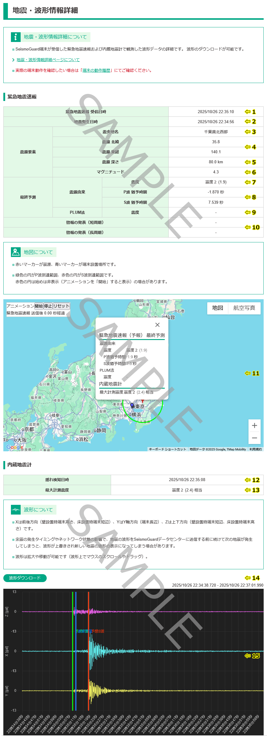 地震・波形情報詳細画面